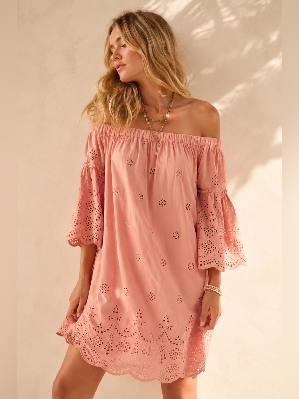 Madewell Eyelet Off Shoulder Shift Dress Pink Bell Sleeve Embroidered Large